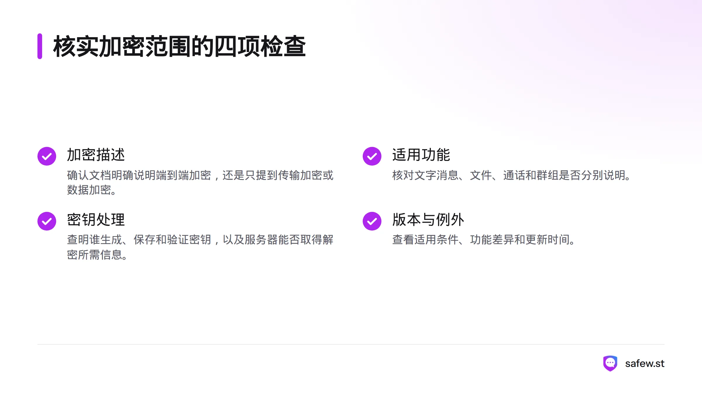 核实产品加密范围时，检查加密描述、适用功能、密钥处理以及版本和例外。